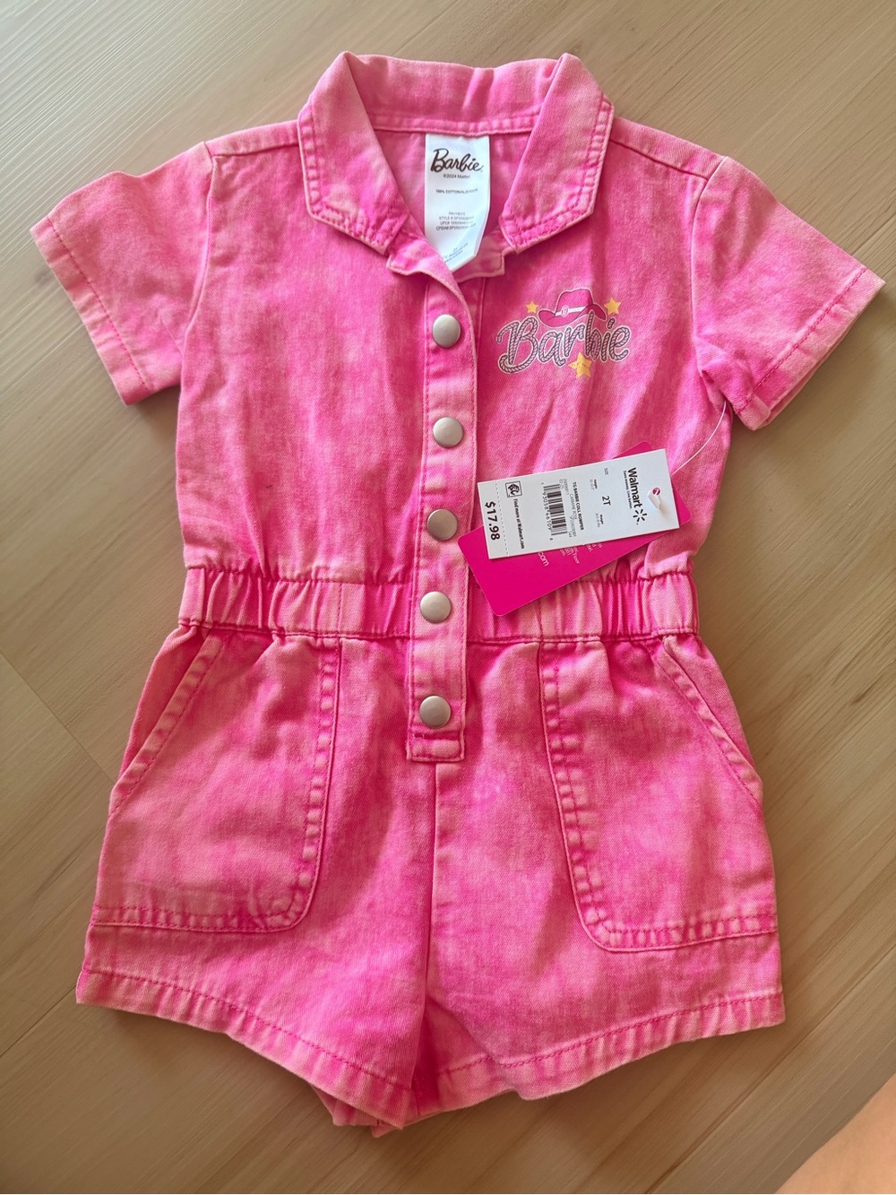 Barbie Pink Short-Sleeve Button Romper